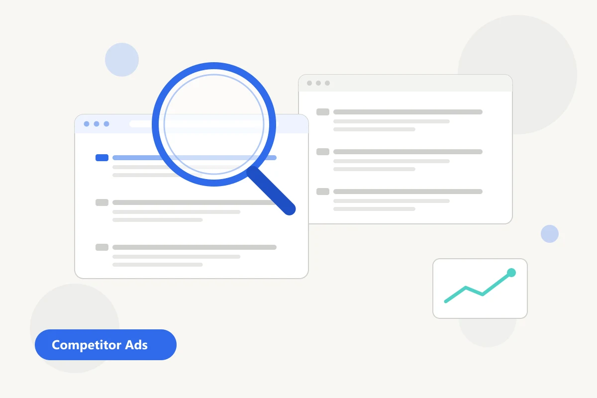 Two browser windows of search results with a magnifying glass over one advertiser's ad, representing competitor ad research.